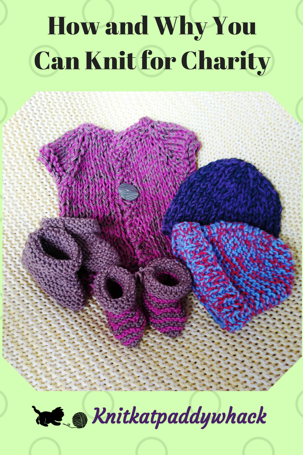 Charity knitted items with blog post title